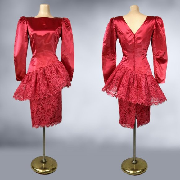 Vintage 80s Red Satin and Lace Peplum Cocktail Party Dress by Sylvia Ann Size 8 - Picture 2 of 10